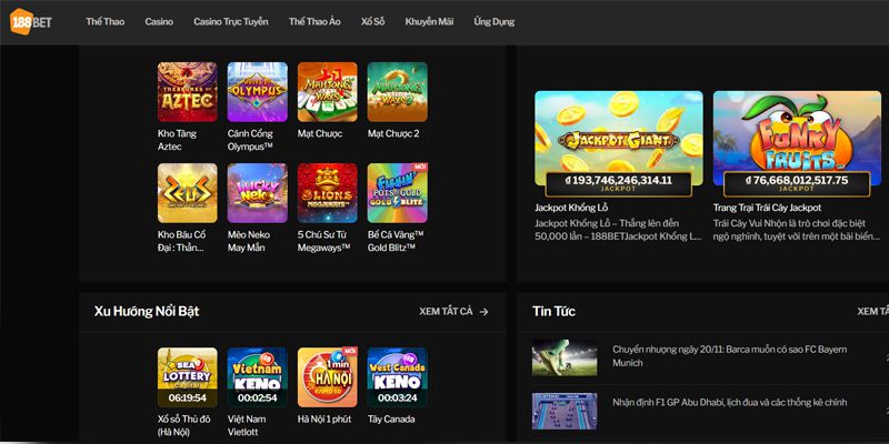 Giao diện trang chủ website 188BET thân thiện