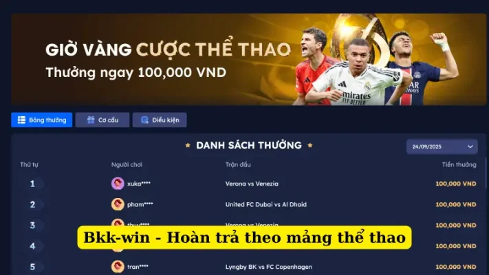 Bkk-win - Hoàn trả theo mảng thể thao